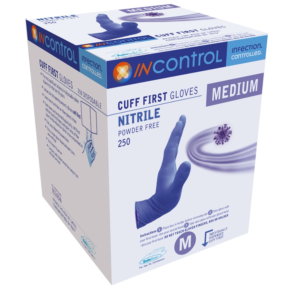 InControl Cuff First Blue Nitrile Ultra Gloves P/F Med B250 - SSS ...