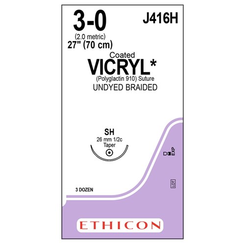 Sutures Vicryl Ethicon 3/0 SH 26mm 1/2 Taper 70cm Undyed