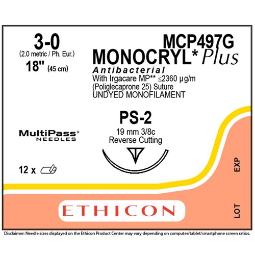 Sutures Monocryl Plus 3/0 PS-2 19mm 3/8 Prec RC 45cm Undyed